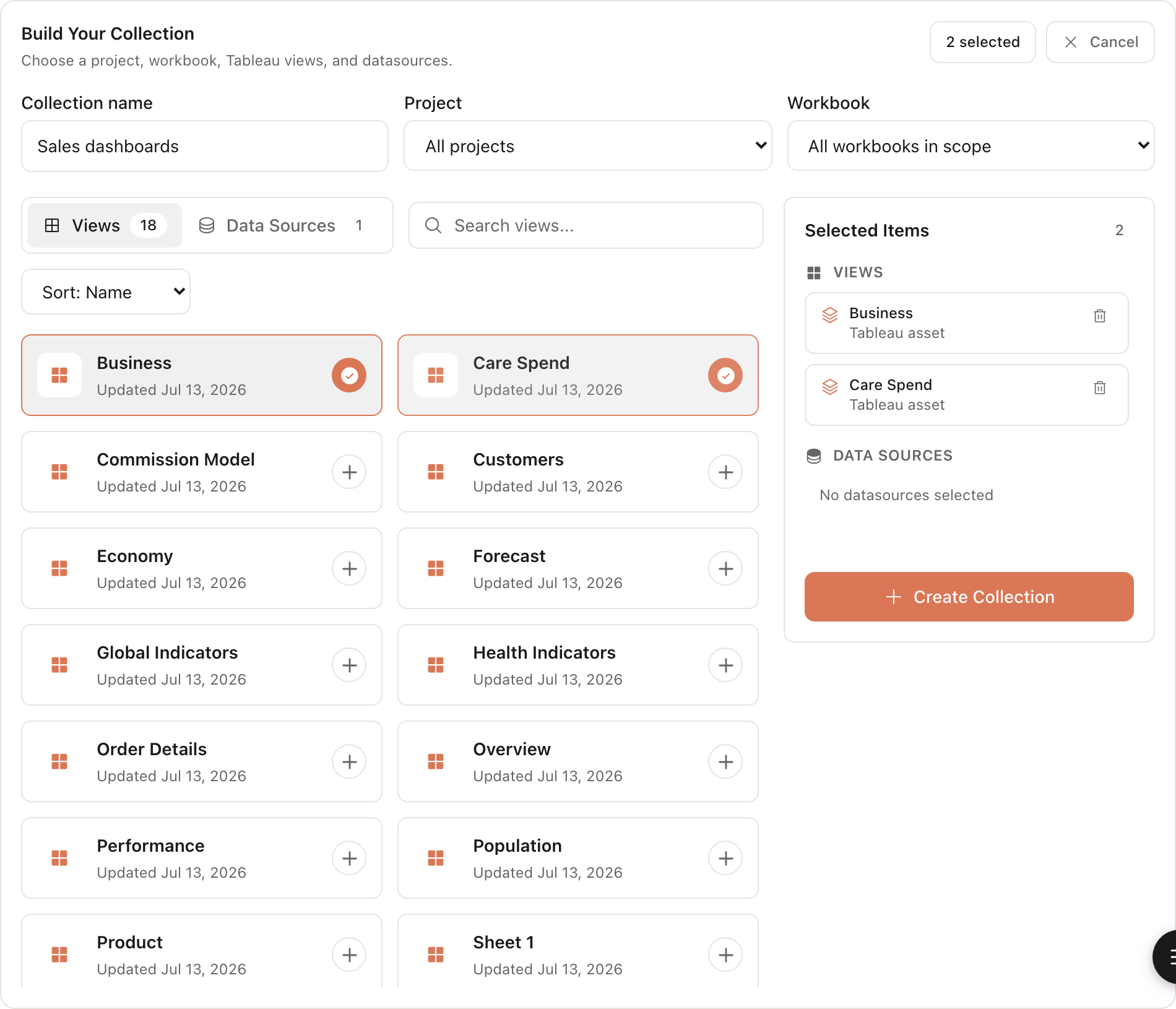 Formula Bot Tableau collection builder with selected views