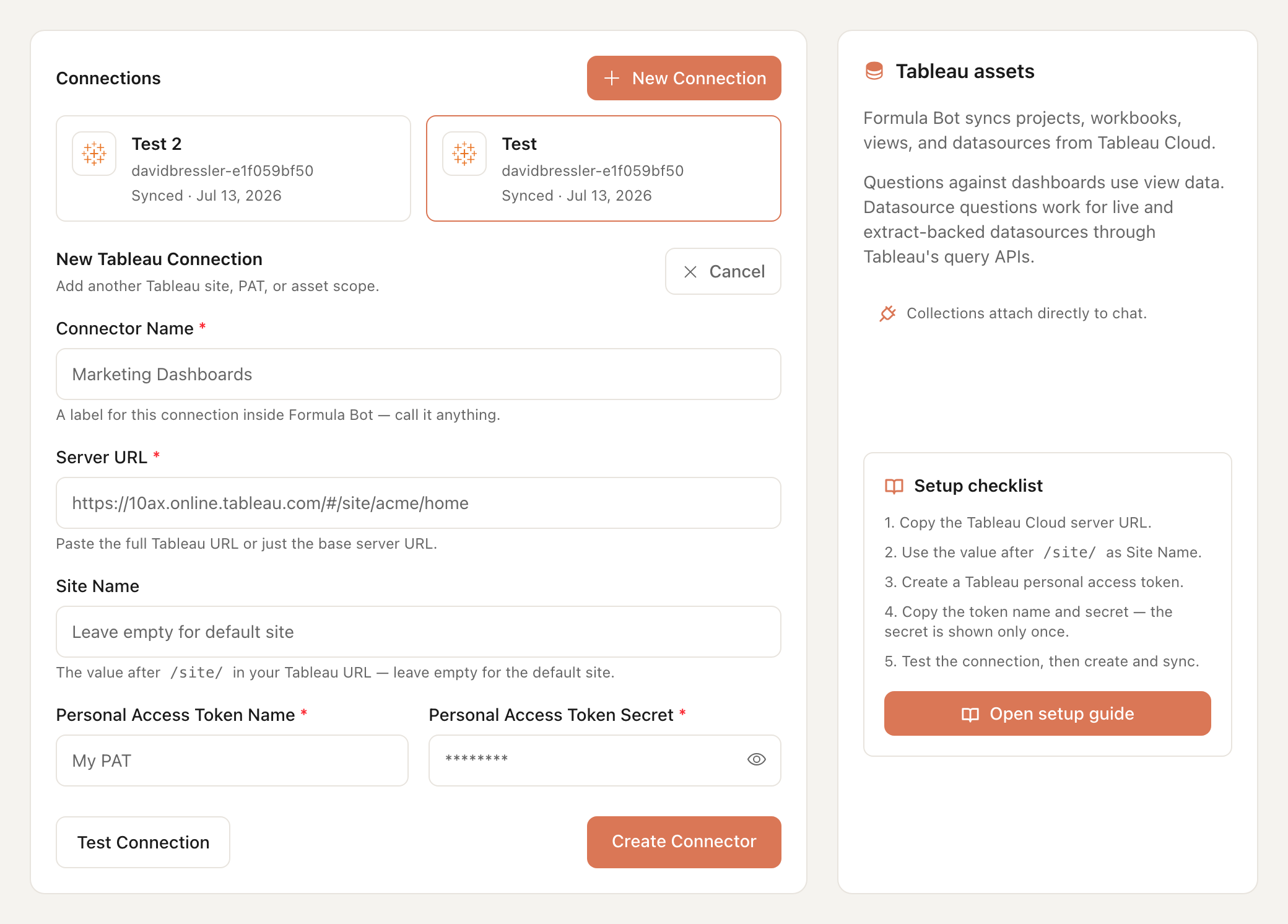 Formula Bot Tableau connector form