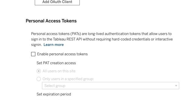 Tableau site settings showing the Enable personal access tokens option