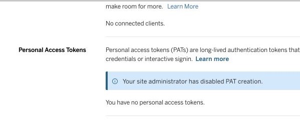 Tableau My Account Settings showing PAT creation disabled