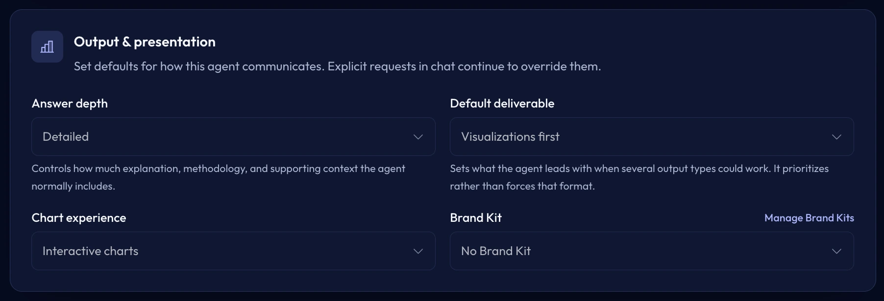 Marketing Performance Analyst showing answer depth, default deliverable, chart experience, and Brand Kit controls