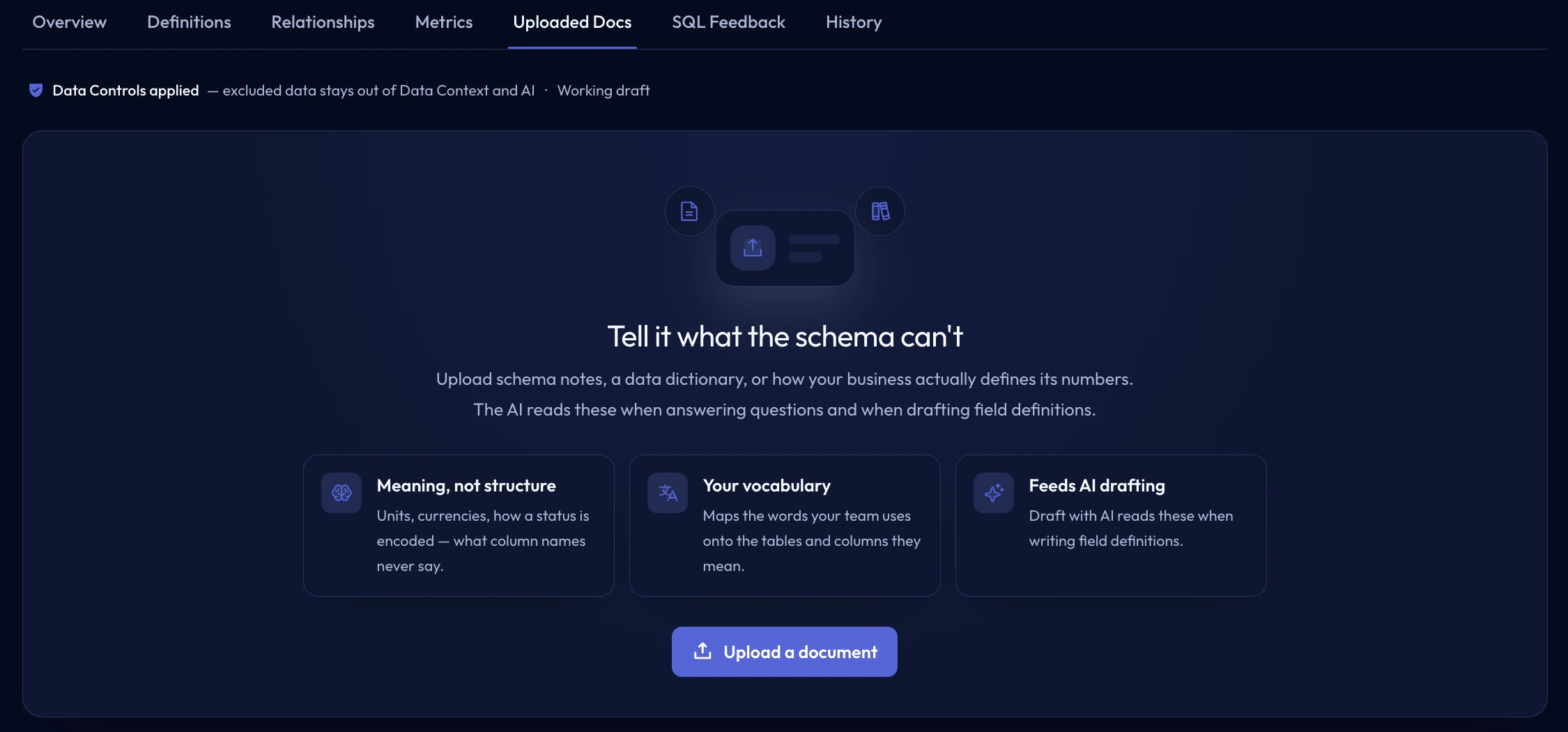 Uploaded Docs screen for adding schema notes, data dictionaries, and business vocabulary